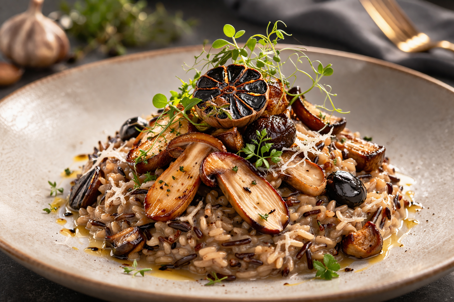 黑蒜牛肝菌野米燉飯